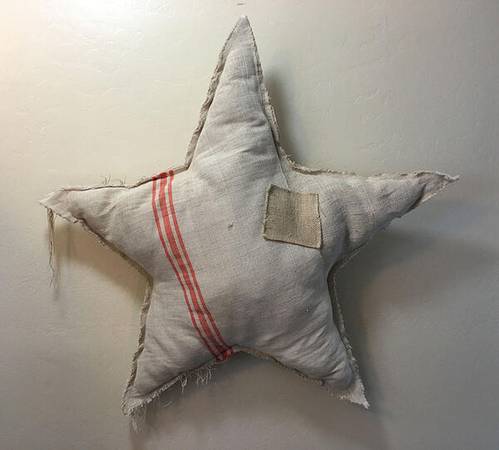 Large Vintage French Linen Grain Sack Designer Star Pillow | Catherine's Loft