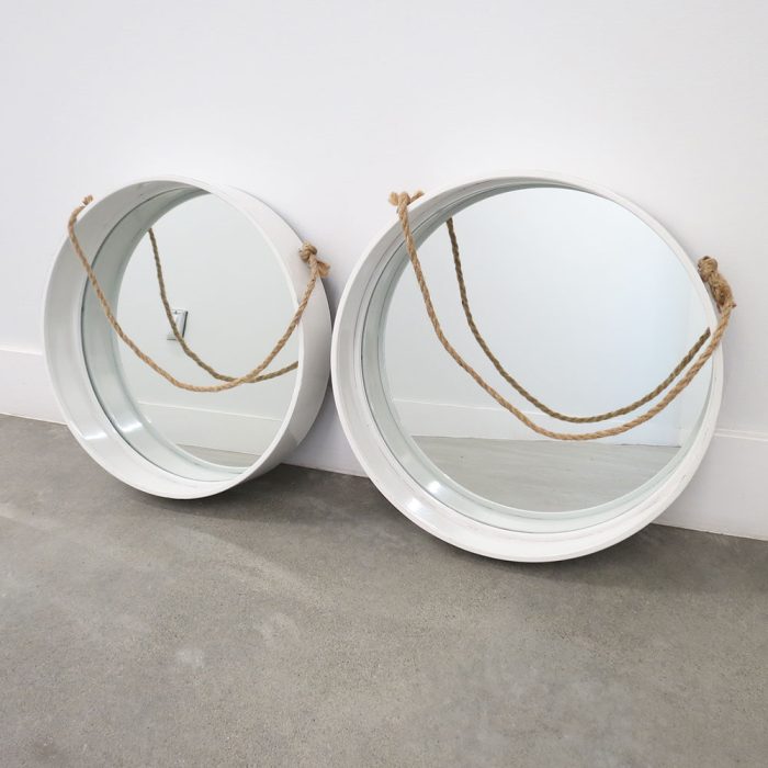 Pair of Round White Metal Hanging Rope Wall Mirrors | Catherine's Loft