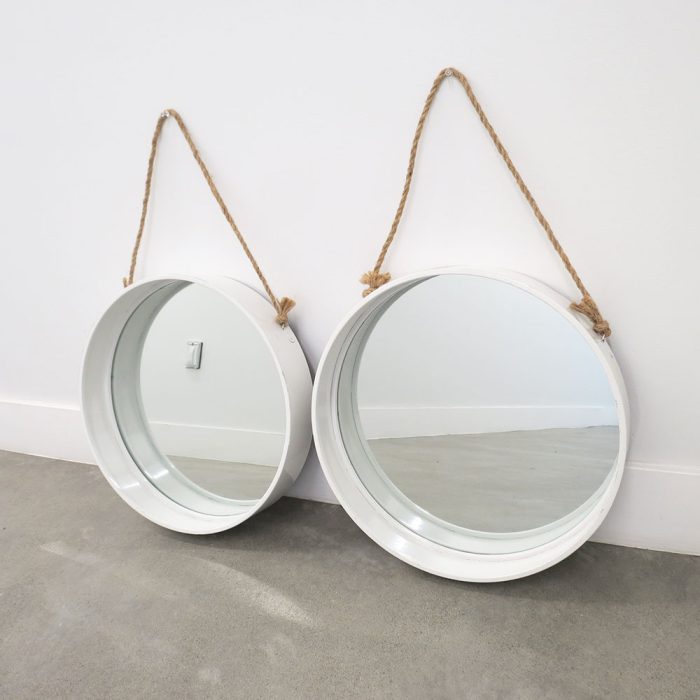 Pair of Round White Metal Hanging Rope Wall Mirrors | Catherine's Loft