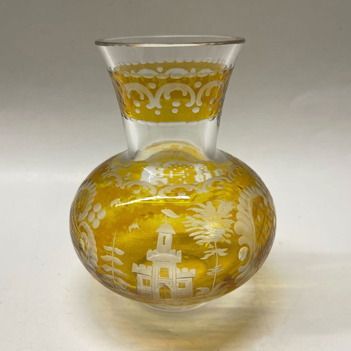 Vintage Bohemian Czech Amber Cut to Clear Etched Glass Vase | Catherine's Loft