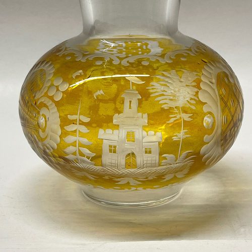 Vintage Bohemian Czech Amber Cut to Clear Etched Glass Vase | Catherine's Loft