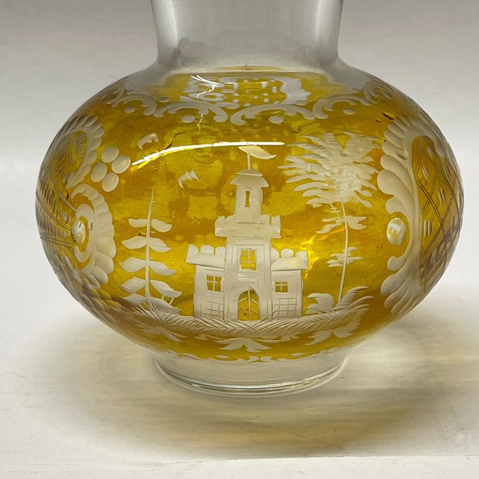 Vintage Bohemian Czech Amber Cut to Clear Etched Glass Vase | Catherine's Loft