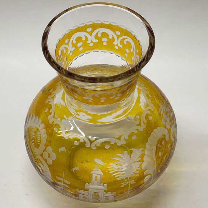 Vintage Bohemian Czech Amber Cut to Clear Etched Glass Vase | Catherine's Loft