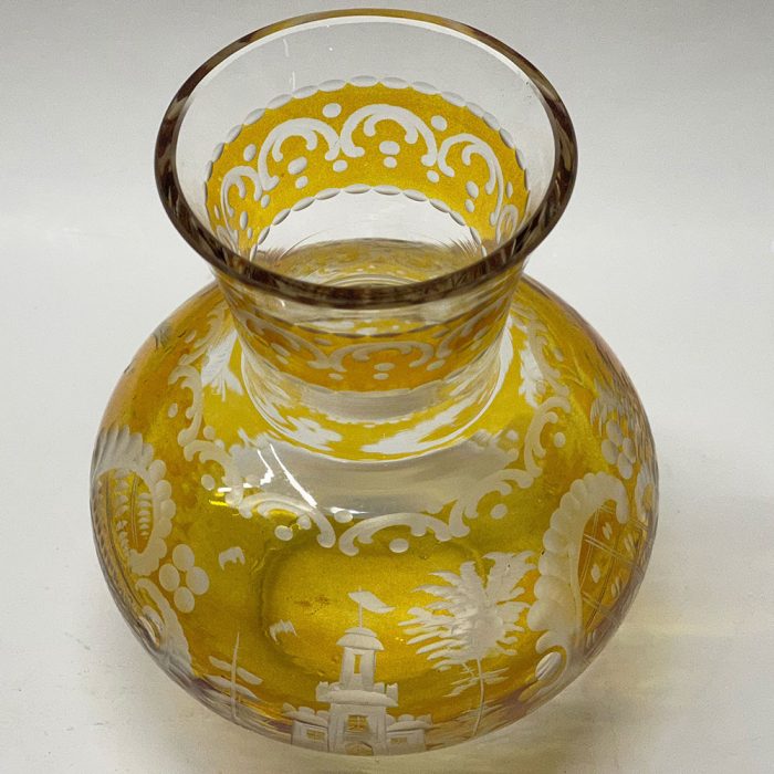 Vintage Bohemian Czech Amber Cut to Clear Etched Glass Vase | Catherine's Loft